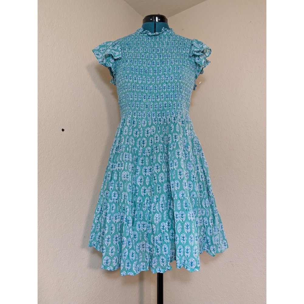 Oliphant Teal Blue Block Print Smocked Flutter Sleeve Tiered Mini Dress Large